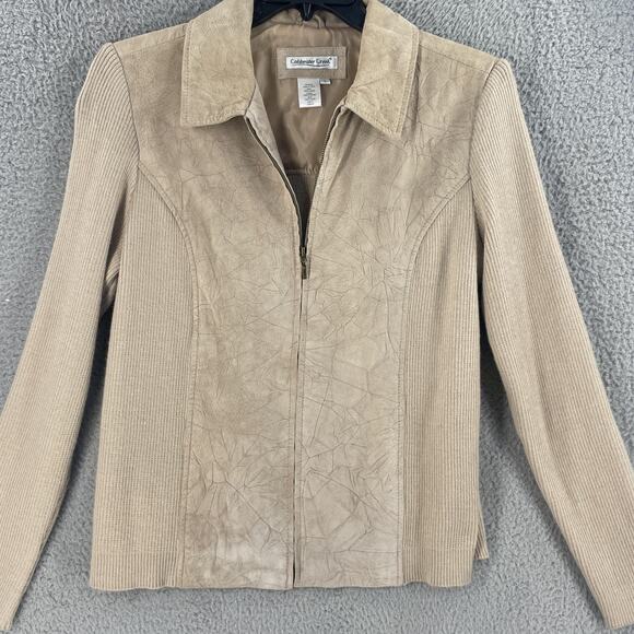 Coldwater Creek Jacket Womens Large Tan Suede Leather Knit Sleeves Full Zip - Picture 7 of 9
